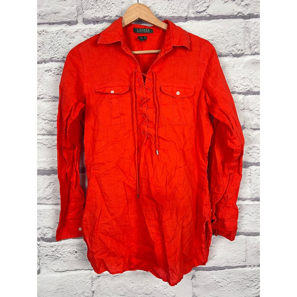 Lauren Ralph Lauren Women's S 100% Linen Tunic Coastal Lace Up Resort Top Orange - Picture 2 of 12